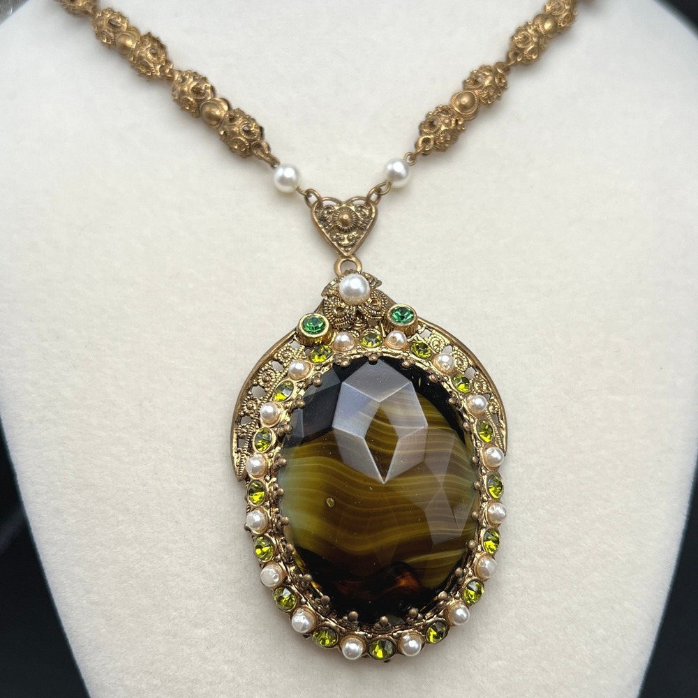 Vintage Western Germany Necklace Porphyry Givre Glass Pendant Brown Green Ornate